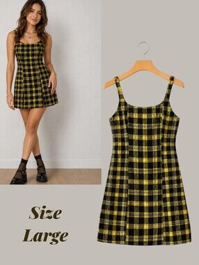 H&M Women's Yellow and Black Plaid Jumper Size Large